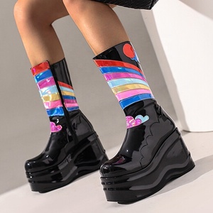Color Print Fashion Side Zip Short Round Toe Thick Heel Shoes Wedges Women Half Knee High <b>Boots</b> Black Size 44 - Product Image 2