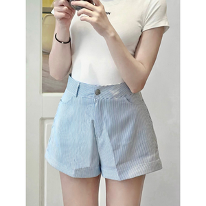 Shorts décontractés à rayures taille haute avec fermeture éclair pour femme, collection automne 2026 – Style vintage et tendance pour femme - Product Image 4