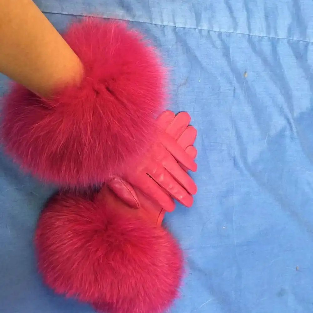 2019 Рождественские красочные женские пикантные манжеты из меха енота лисы кожаные перчатки для женщин
