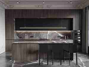 Meubles de cuisine en bois au design moderne, grain de bois vertical, finition stratifiée en noyer noir, armoires de cuisine avec îlot central - Product Image 6