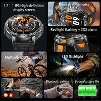 Montre connectée d'extérieur 1,7 pouces AK112, batterie 1400 mAh, étanche IP68, écran tactile, appels Bluetooth, moniteur de fréquence cardiaque et de sommeil