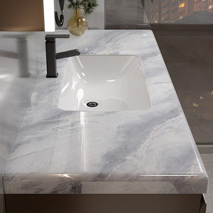New Modern Minimalist Stone-Look Seamless Ceramic Basin Smart Mirror Water Resistant Wall-Mounted Rounded-Corner Bathroom Vanity - Product Image 3