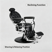 Fauteuil de barbier vintage, hydraulique, inclinable, avec repose-pieds réglable, style classique rétro.