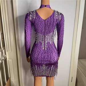 S0452Y 2026 Meilleures ventes Robe longue de soirée ajustée à strass, style performance, avec franges violettes couleur patate douce, pour la danse latine - Product Image 2