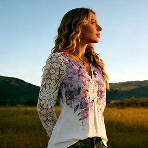 Blusa de Mujer de Talla Grande con Encaje Estilo Europeo, Manga Larga, Estampado Floral, Cuello en V con Botones, Casual, para Primavera, Verano y Otoño - Product Image 5