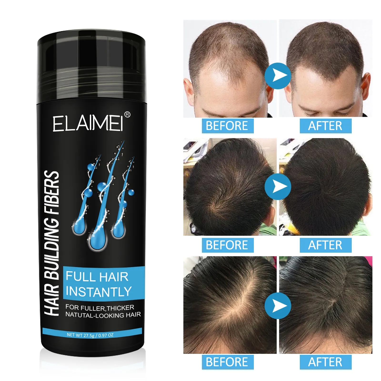 ELAIMEI निजी लेबल बालों के झड़ने उपचार भवन फाइबर स्प्रे पाउडर के साथ विकास बाल विग फाइबर नोक