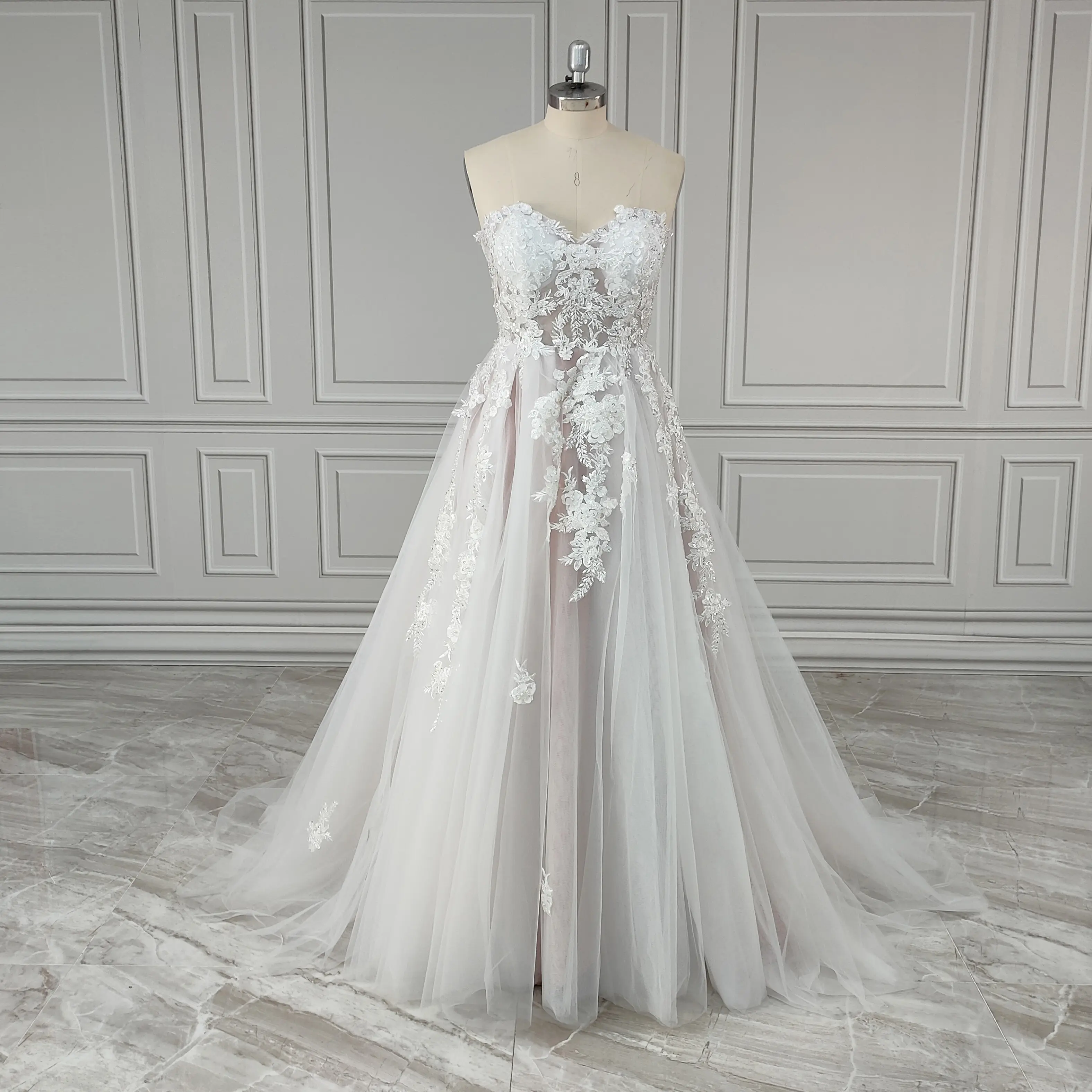 100% foto asli gaun pengantin elegan manik-manik tanpa tali berpayet renda A-line gaun pengantin belahan samping gaun pengantin Tulle