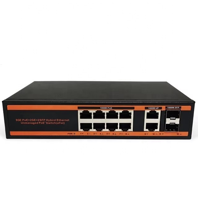 10CH Gigabit 8GE PoE + 2GE Uplink +2 SFP Network PoE Switch 48V 10/100/1000M IEEE802.3at/af 8 Ports 2K MAC Store & Forward