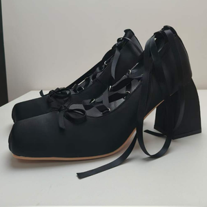 Women's Crisscross Strappy Block High Heels Shoes Quality Top Grade Satin Materials Ballet High Heel <b>Sandals</b> - Product Image 1