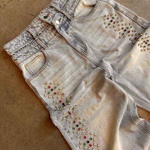 جينز مخصص عالي الجودة للرجال خصر عالٍ مزدوج مستقيم ساق واسعة بضائع مقاس كبير مكدسة جينز جينز رجالي فضفاض من حجر الراين - Product Image 5