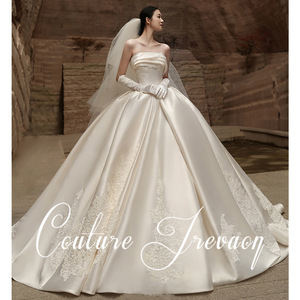 Couture Trevaon Satin Strapless Ball Gown Wedding Dress Long Train Vintage Style Floor Length - Product Image 1