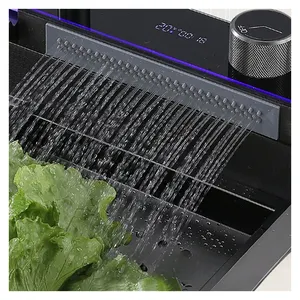 Pia de cozinha multifuncional inteligente cascata de aço inoxidável SUS 304 LED digital feito à mão preto branco OEM com torneira de puxar