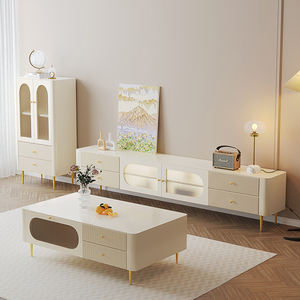 <span class=keywords><strong>Meuble</strong></span> TV et table basse style crème, combinaison minimaliste pour salon, unité compacte, <span class=keywords><strong>meuble</strong></span> TV sur pieds hauts au sol - Product Image 1