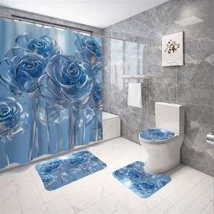 Cortina de Ducha de Poliéster con Rosas de Vidrio Azules, Cortina de Baño con Impresión Digital Personalizada, Impermeable para el Hogar, Venta al por Mayor - Product Image 1