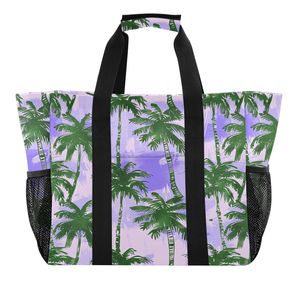 Low Moq Black Handles Canvas Fabric Grocery Shopping Bag <b>Large</b> Tropical Palm Tree <b>Print</b> Beach Tote Bag With Mesh Side Pockets - Product Image 6