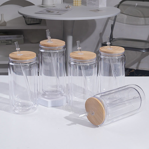 كوب زجاجي مزدوج الجدار بتصميم نحيف سعة 16 أونصة للطباعة بالتسامي مع غطاء وقش، كوب ثلجي قابل للتخصيص بالجملة - Product Image 1