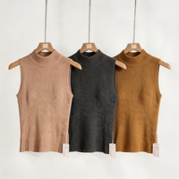 Débardeur en maille à col montant pour femme, kaki, côtelé verticalement, sans manches, coupe ajustée, extensible, couleur unie, gilet en maille, haut décontracté basique pour superposition