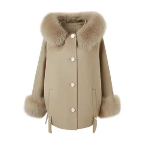 Mode Loose Size Hooded Cashmere Jacken Frauen Woll mantel mit abnehmbaren Fox Fur Collar Manschetten