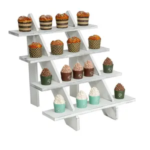 4-Tier Vintage White Wood Retail Display Riser Stand Cupcake Dessert Stand