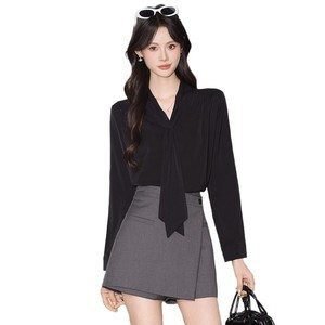 Ruffled Collar Chiffon Long Sleeve Shirt Women Spring Autumn Loose Fit Tie Waist Solid Color Blouse Everyday Wear - Product Image 5