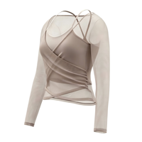 Combinaison de yoga 2-en-1 pour femme avec haut sculptant à dos nageur croisé et manches longues, séchage rapide, respirante et ajustée, en maille française