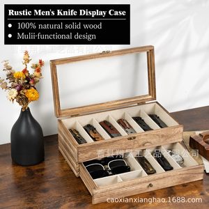 Wooden Knife <b>Storage</b> <b>Box</b> Double Layer <b>Drawer</b> Style With Lid For Knives Watches Sunglasses Display Rectangular Carbonized Color - Product Image 3