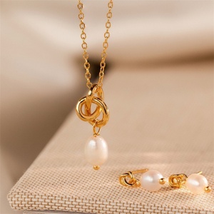 Dainty Elegant Pearl Jewelry Set 18k Gold Plated Stainless Steel Knot Pearl Pendant Necklace Earrings Jewelry Sets for Women - Product Image 2