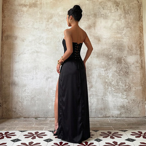 Abito da sera formale da donna stile Ins, con spacco laterale alto, vita cinata, vestibilità slim, <span class=keywords><strong>sexy</strong></span>, per serate e feste lunghe - Product Image 3
