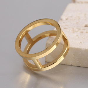Bague double géométrique en acier doré 10MM, bague unisexe tendance, bijou cadeau - Product Image 1