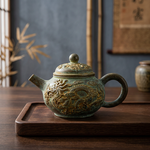 Théière orientale avec motif de dragon, glaçure verte, avec couvercle et poignée - Product Image 1