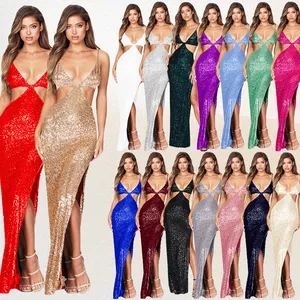 Diseñador largo de lentejuelas brillante nupcial rojo boda fiesta bodycon hendidura vestido de noche vestido de baile para boda con lentejuelas