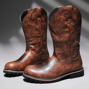 Mens <b>Brown</b> Genuine Leather Cowboy <b>Boots</b> Round Toe Rubber Outsole Anti-Slipper Walking Shoes All Seasons - Product Image 1