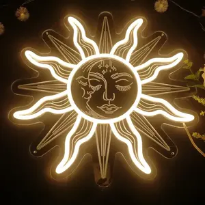 1 buah Boho Celestial Matahari dan Bulan LED tanda Neon-Dekorasi ruang estetika dan lampu malam