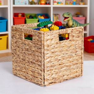 11.8 Inch Woven Water Hyacinth Collapsible Eco-Friendly Multifunction <strong>Square</strong> <strong>Storage</strong> <strong>Basket</strong> with Built-in Handles - Product Image 2