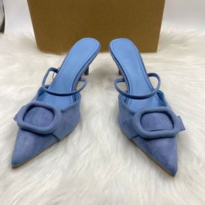 Escarpins d'été à bout pointu pour femme, sandales bleues à talons, style mode en faux daim, à boucle carrée, à bride unique, style dos nu, chaussures à talons hauts - Product Image 1