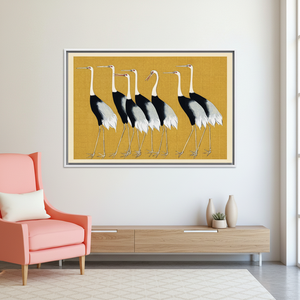 Printed <b>Canvas</b>: Elegant Minimalist Crane Art in Black, White, Mustard,WHITE <b>FRAMED</b> <b>CANVAS</b> - Product Image 3