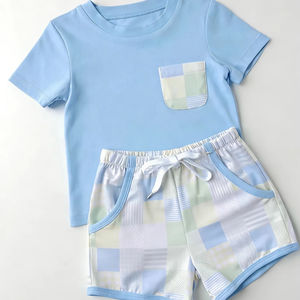 Conjuntos de ropa para niños pequeños BSSO1950, diseño personalizado, color azul, estampado sólido, venta al por mayor, conjunto de manga corta para niños pequeños - Product Image 1