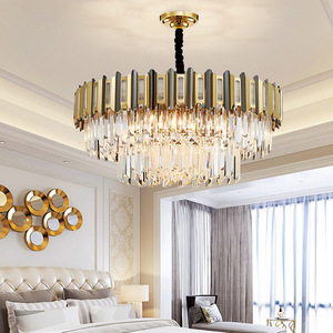 Crystal Chandelier Gold Finish E26 Bulb Base 3500K Warm White <b>LED</b> Adjustable Height 5-Year Warranty Drum Shape Pendant <b>Light</b> - Product Image 2