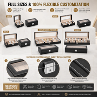 Boîte de présentation de montres de luxe personnalisée en cuir PU noir avec fenêtre en verre véritable, couture à la main de précision, velours beige, 10 emplacements
