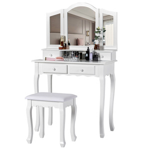 Escritorio de tocador con toma de corriente de espejo con luz LED, mesa de maquillaje con gabinete de cajones, taburete de almacenamiento, para dormitorio, blanco - Product Image 6