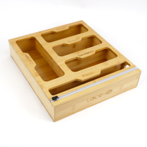 HOSTK customized kitchen 5 in 1 bamboo ziplock bag storage organizer for drawer with cutter