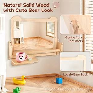 Étagère murale en bois avec miroir et barre porte-serviettes pour salle de bain d'enfants, organisateur de produits de toilette multifonctionnel, forme rectangulaire - Product Image 3