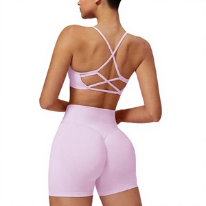 Custom Women's Solid Breathable Sports <b>Bra</b> Shorts Set <b>Halter</b> Strappy Crisscross Removable Cup Four-Way Stretch High - Product Image 2