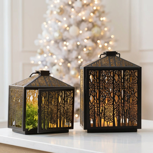 Wholesale Modern Handmade Christmas Home Decorative Black and <b>Gold</b> Metal Candle Holder <b>Lantern</b> with Custom Forest Cutwork - Product Image 2