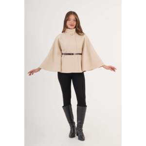 Wholesale <b>for</b> Cream <b>Poncho</b> <b>for</b> <b>Women</b> Belt Detail Single Button Coat - Product Image 5