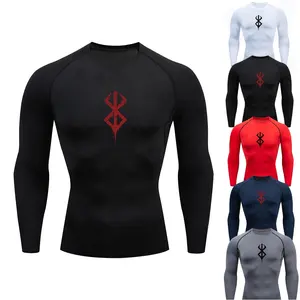 Men's Athletic Gym Top Long Sleeve Compression T-Shirt Hood Quick Dry Printed Anime Berserk Guts Design Cotton Undershirt Sport