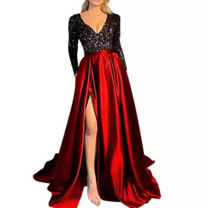 Evening Gown V Neck Long Sleeve <b>Sequined</b> Full Skirt With Slit Natural Waistline - Product Image 4
