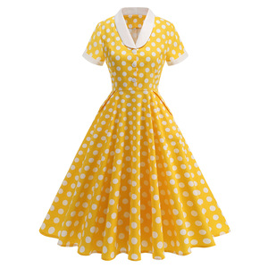 Robe vintage à pois jaune avec col Peter Pan blanc, style rétro des années 1950, robe décontractée pour soirée - Product Image 1