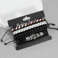 4PCS Poker Ace of Spades Bracelet en cuir tressé en bois PU pour hommes Vintage Wood Beads Fashion Male Brassard