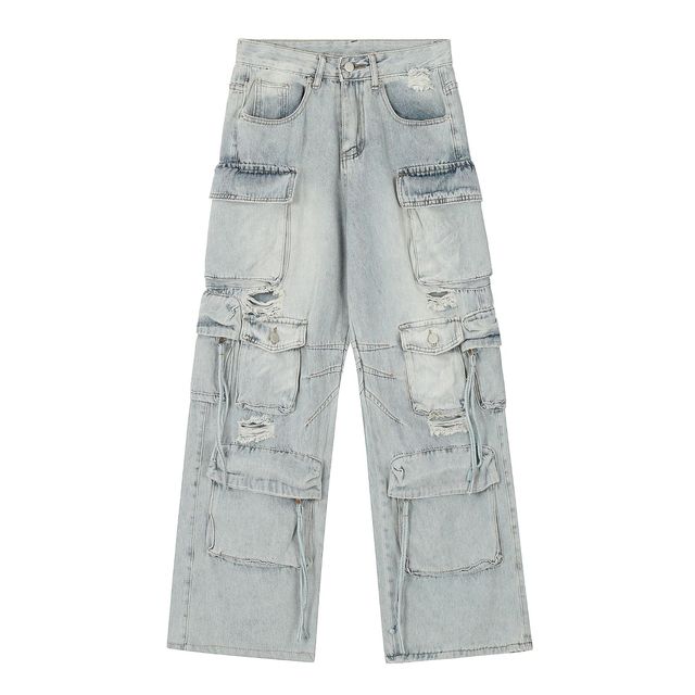 Light Wash High Waist Distressed Print Cargo Jeans Y2K Baggy Wide Leg Multi-Pocket Autumn Streetwear Denim Pants for Men